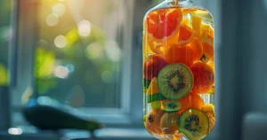 IV bag filled with colorful fruit slices, symbolizing IV Drip Therapy in Cedar Park, TX, set by a sunlit window.